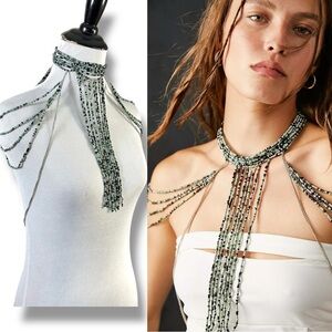 Free People Bohemian Beaded Festival Baez Body Chain Green Noir Statement NWT